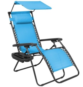 Folding Zero Gravity Recliner Patio Lounge Chair w/ Canopy, Side Tray, Light Blue, Appears New