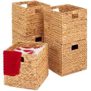 Set of 5 Collapsible Hyacinth Storage Baskets w/ Inserts - 12x12in