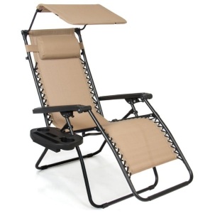 Folding Zero Gravity Recliner Patio Lounge Chair w/ Canopy, Side Tray, Beige, Appears New