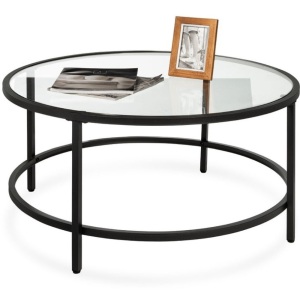 Round Tempered Glass Coffee Table w/ Steel Frame - 36in, Glass May Be Broken, Appears New/Damaged Box