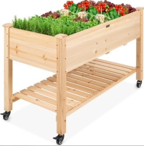 Mobile Raised Garden Bed Elevated Wood Planter w/ Wheels, Storage Shelf, May Be Missing Hardware, Appears New/Damaged Box