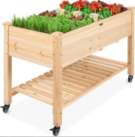 Mobile Raised Garden Bed Elevated Wood Planter w/ Wheels, Storage Shelf, May Be Missing Hardware, Appears New/Damaged Box