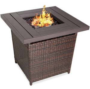 28in Fire Pit Table 50,000 BTU Wicker Propane w/ Faux Wood Tabletop, Cover, Appears New/Damaged Box