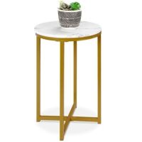 Round Coffee Side Table w/ Faux Marble Top, Metal Frame - 16in&nbsp;