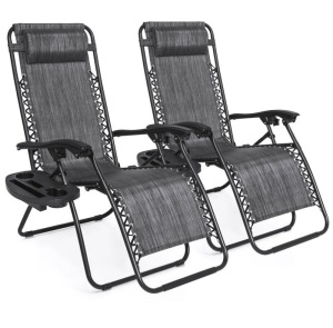 Set of 2 Adjustable Zero Gravity Patio Chair Recliners w/ Cup Holders, Gray, Appears New/Damaged Box