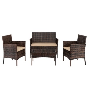 4-Piece Brown Patio Rattan Conversation Furniture Set with Beige Cushions