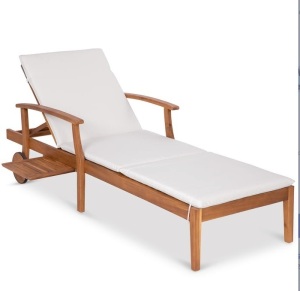 Adjustable Acacia Wood Chaise Lounge Chair w/ Side Table, Wheels - 79x26in, Cream, Appears New