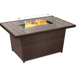 Wicker Propane Fire Pit Table, 50,000 BTU w/ Glass Wind Guard, Cover - 52in, Brown, Appears New