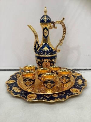 Turkish Set w/ Tea/Coffee Pot, Tray & 6 Cups, Gold/Dark Blue, New 
