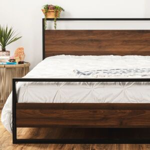 Metal Wood Platform Bed Frame w/ Wooden Slats - Queen Size