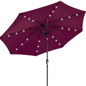 Solar LED Lighted Patio Umbrella w/ Tilt Adjustment, UV-Resistance - 10ft, Burgundy, E-Commerce Return/Appears New