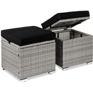 Set of 2 Wicker Ottomans, Multipurpose w/ Removable Cushions, Steel Frame, Gray/Black, E-Commerce Return/Appears New