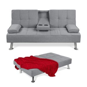 Linen Upholstered Convertible Sofa Bed Futon w/ 2 Cupholders