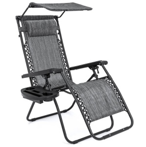 Folding Zero Gravity Recliner Patio Lounge Chair w/ Canopy, Side Tray, Gray, Appears New