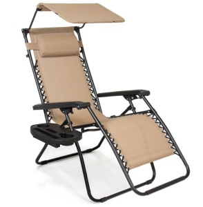 Folding Zero Gravity Recliner Patio Lounge Chair w/ Canopy, Side Tray, Beige, Appears New