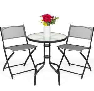 3-Piece Bistro Set w/ Glass Table, 2 Foldable Chairs, Gray, Appears New