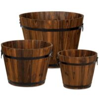 Set of 3 Rustic Wood Bucket Barrel Garden Planters Set w/ Drainage Holes&nbsp;