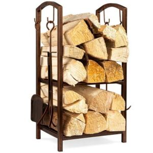 5-Piece Firewood Log Rack Holder Tools Set w/ Hook, Broom, Shovel, Tongs 