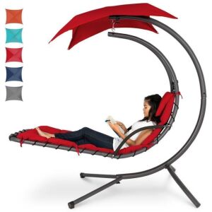 Hanging Curved Chaise Lounge Chair w/ Built-In Pillow, Removable Canopy 