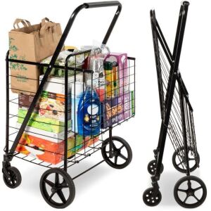 Folding Steel Grocery Cart w/ Double Basket, Swivel Wheels, 220lb Cap 