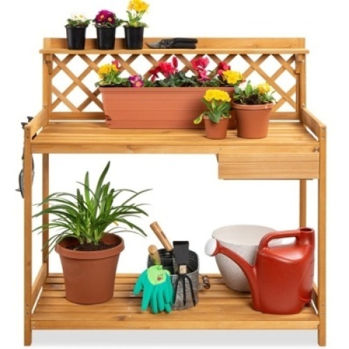 Wooden Garden Potting Bench Workstation w/ Cabinet Drawer, Open Shelf, Appears New