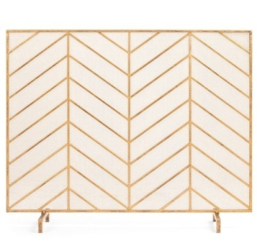Single Panel Iron Chevron Fireplace Screen w/ Antique Finish - 38x31in, Gold, Appears New