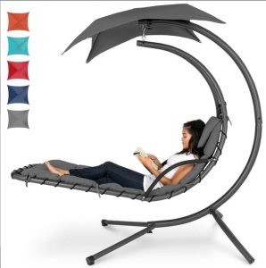 Hanging Curved Chaise Lounge Chair w/ Built-In Pillow, Removable Canopy, Charcoal Gray, May Be Missing Hardware, Appears New