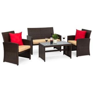 4-Piece Outdoor Wicker Conversation Patio Set w/ 4 Seats, Glass Table Top