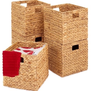 Set of 5 Collapsible Hyacinth Storage Baskets w/ Inserts - 10.5x10.5in, Natural, Appears New