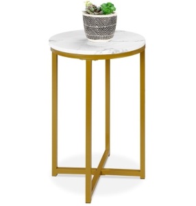 Round Coffee Side Table w/ Faux Marble Top, Metal Frame - 16in, White/Bronze Gold, Appears New