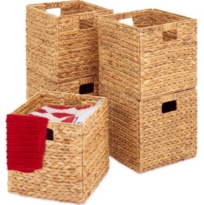 Set of 5 Collapsible Hyacinth Storage Baskets w/ Inserts - 12x12in, Natural, Appears New