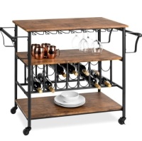 45in Industrial Wood Shelf Bar & Wine Cart w/ Bottle & Glass Racks, Appears New