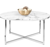 Round Coffee Table w/ Faux Marble Top, Metal Frame - 36in, Chrome, Appears New