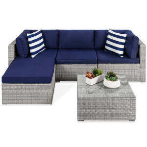 5-Piece Modular Wicker Sectional Conversation Set w/ 2 Pillows, Coffee Table