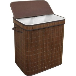 Collapsible Divided Bamboo Hamper w/Lid and Cloth Liner