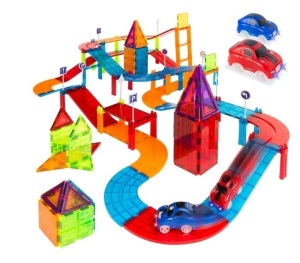 105-Piece Kids Magnetic Building Tiles Set w/ 2 Cars, Appears New