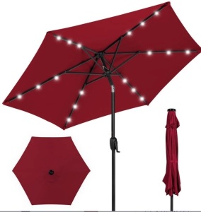 Outdoor Solar Patio Umbrella w/ Push Button Tilt, Crank Lift - 7.5ft, Burgundy, Appears New