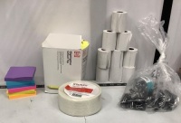 Bundle of Office Supplies - Note Pads, Highlighters, Thermal Paper, Binder Clips, Filament Tape, Paper Clips