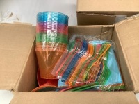 2 Boxes of Bright Neon Party Sets w/ Plates, Tumbler Cups, Napkins, Utensils