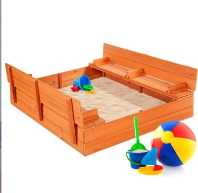 Kids Cedar Sandbox w/ Sand Screen, 2 Benches - 47x47in, May Be Missing Hardware, Appears New