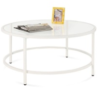 Round Tempered Glass Coffee Table w/ Steel Frame - 36in, White, May Be Missing Hardware, Appears New
