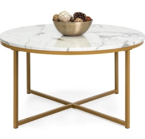 Round Coffee Table w/ Faux Marble Top, Metal Frame - 36in, Gold, May Be Missing Hardware, Appears New