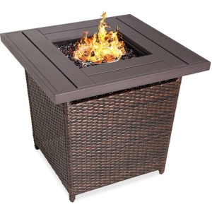 28in Fire Pit Table 50,000 BTU Wicker Propane w/ Faux Wood Tabletop, Cover, Brown, Water Damaged Box, E-Commerce Return/Appears New