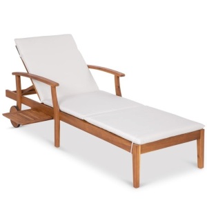 Adjustable Acacia Wood Chaise Lounge Chair w/ Side Table, Wheels - 79x26in, Cream, May Be Missing Hardware, Box Damaged, E-Commerce Return/Appears New