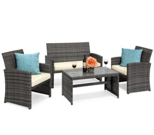 4-Piece Outdoor Wicker Conversation Patio Set w/ 4 Seats, Glass Table Top, Gray/Cream, Appears New