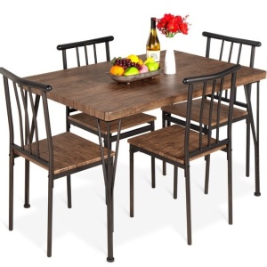 5-Piece Modern Metal and Wood Dining Table Furniture Set w/ 4 Chairs, Drift Brown, May Be Missing Hardware, E-Commerce Return/Damaged Box