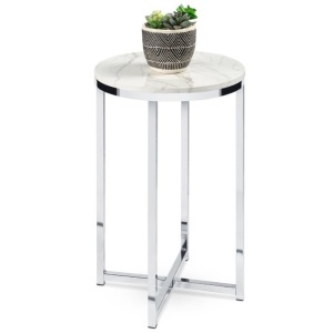 Round Coffee Side Table w/ Faux Marble Top, Metal Frame - 16in