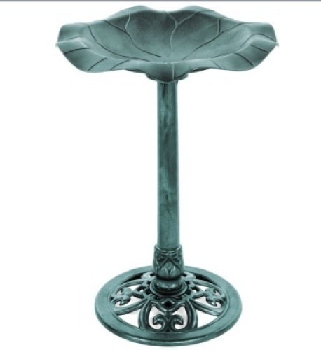 Lily Leaf Pedestal Bird Bath Decoration Accent w/ Floral Accents, Green, Appears New