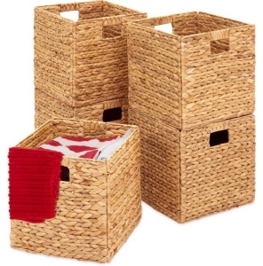 Set of 5 Collapsible Hyacinth Storage Baskets w/ Inserts - 12x12in, Natural, Appears New/Damaged Box