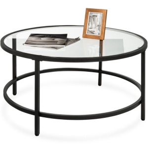 Round Tempered Glass Coffee Table w/ Steel Frame - 36in, Black, Appears New